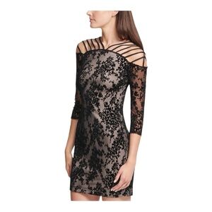 GUESS Velvet Flocked Bodycon Dress Cutout Mesh Strappy Sexy Black Dress Size 4